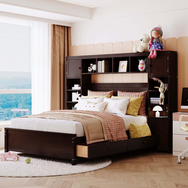 Wooden Bed With All-in-One Cabinet and Shelf, Espresso