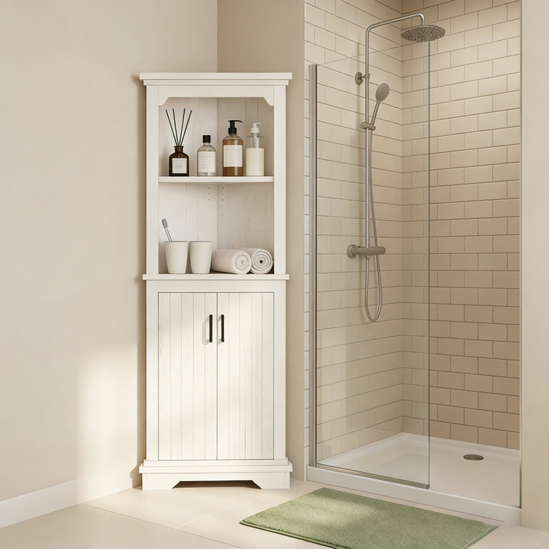 69" Tall Bathroom Corner Cabinet With Open Shelves, Freestanding Storage Cabinet With2 Doors, Beige