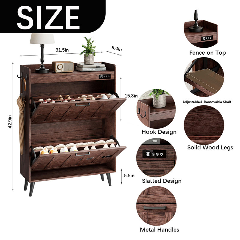 Farmhouse Slim Shoe Cabinet With Deodorizer & Flip-Top Drawers, Walnut