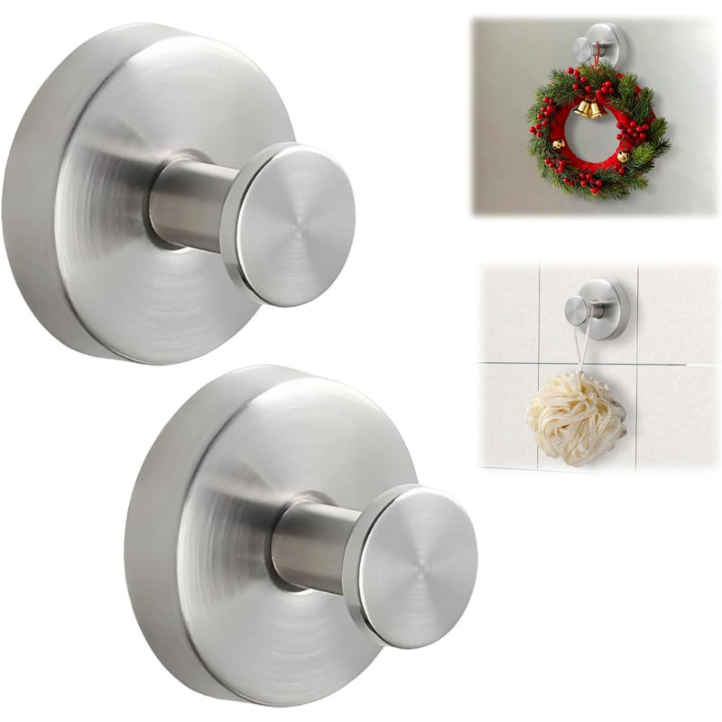 Suction Cup Hooks for Shower No-Drill Bathroom Hooks for Towels, Robes, Loofah Mountable on Bathroom Walls, Kitchen, Glass, Mirrors, Tile and Smooth,Non-Porous Surfaces (2, Silver)