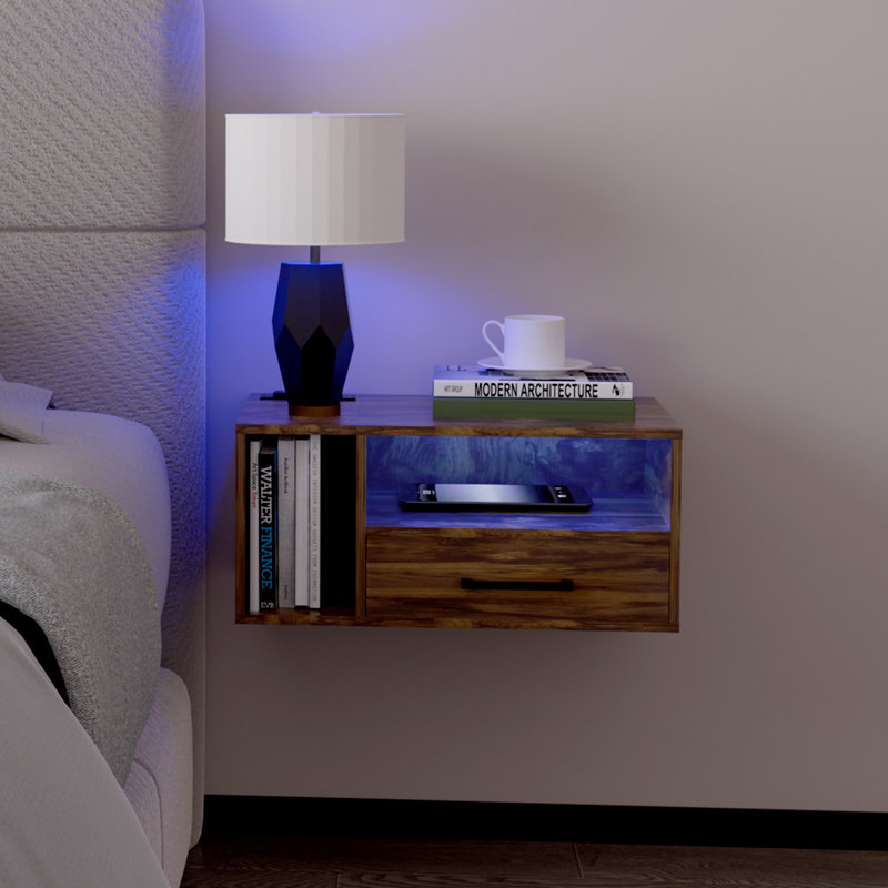 Jorid 21.3''W Wall Mounted Floating Nightstand with RGB Light, Rustic Brown
