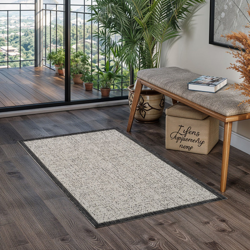 Charcoal Modern Outdoor Rug, Bordered Stain Resistant Easy to Clean Rug For Patio, Balcony, Decks & Garden