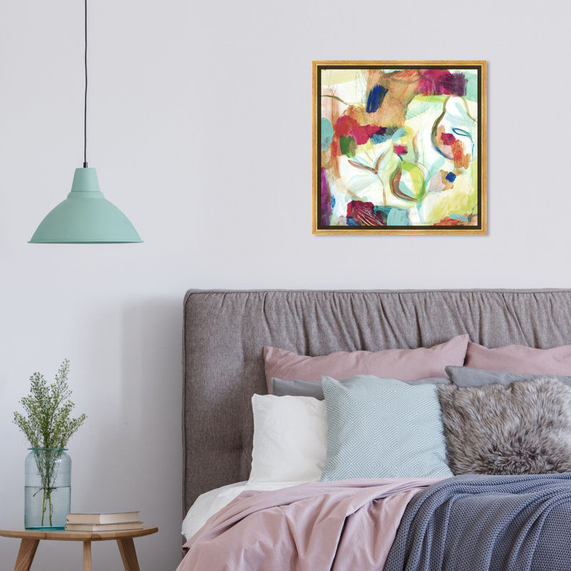 " Abstract White/Purple/Green Amazonia I " Painting Print, 16" H x 16" W, Picture Framed Canvas, Gold