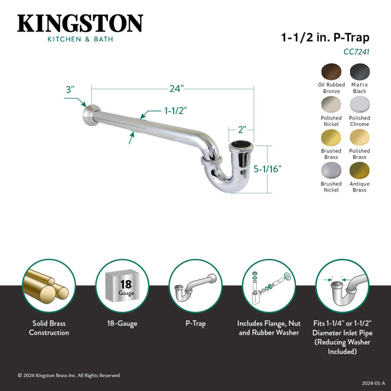 Kingston Brass Vintage 1-1/4 (or 1-1/2) x 1-1/2 Inch Decor P-Trap with Bell Flange, 24 Inch Length, 18 Gauge