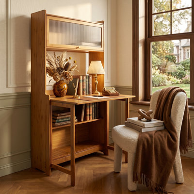 Modern Small Space Bamboo 32.68in Folding Desk with Storage Shelf