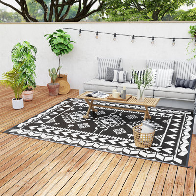 Camping Reversible Rhombus Patchwork, Plastic, 1 Piece, Outdoor Rug, Black, Waterproof & UV & Fade Resistant