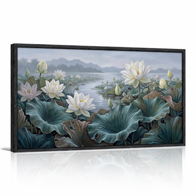 White Lotus Flowers and Green Lily Pads in Misty Lake Canvas Wall Art