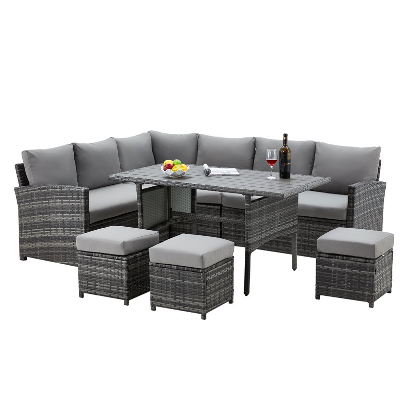 Hinesville 7 Piece Rattan Lounge Dining with Cushions, Grey Frame/Grey Cushion