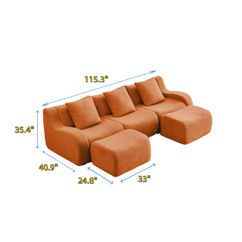 Soft Teddy Fabric Bone-free Three-seater Sofa With Two Footstools, Orange Teddy