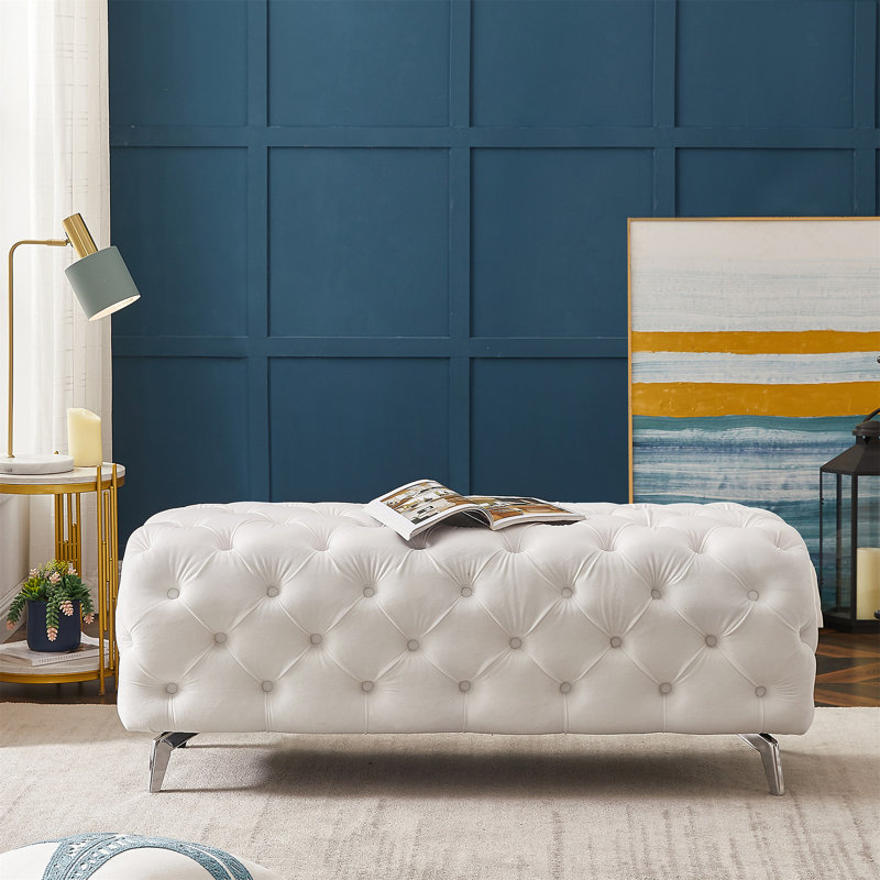 Button-Tufted Ottoman Bench, White Velvet
