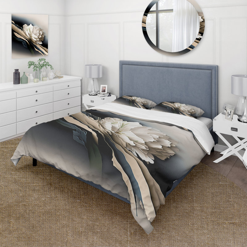 Ensemble de housse de couette beige en pivoine hyperréaliste II, Housse de couette pour très grand lit et 2 très