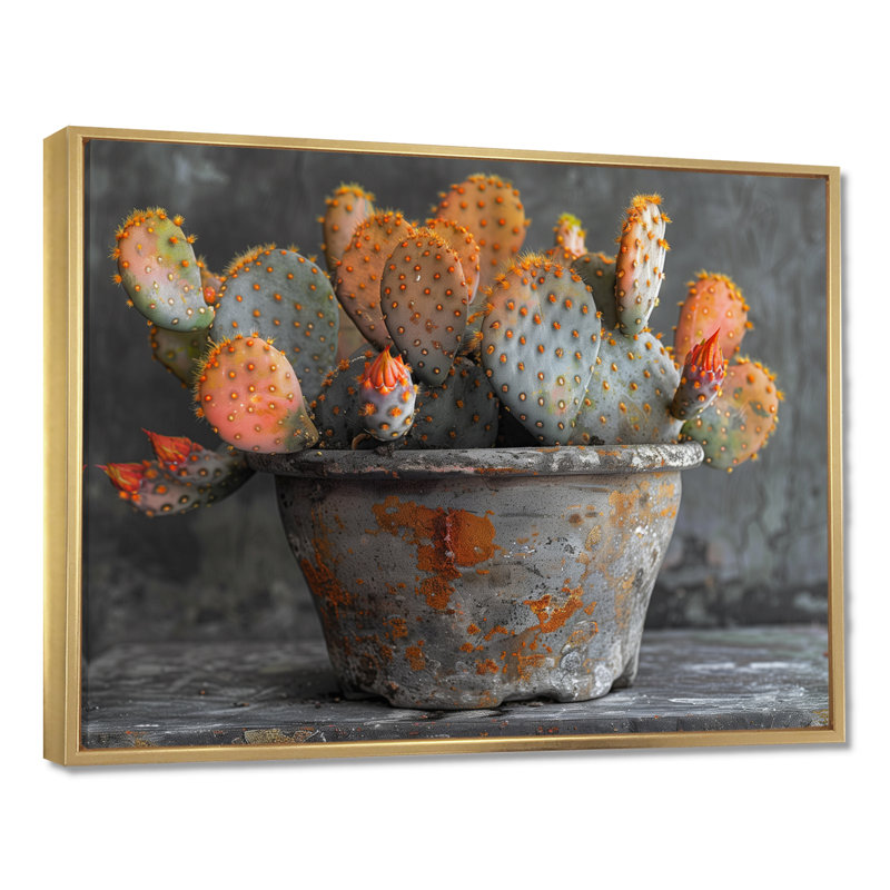 Décoration murale orange orange et vert en forme de cactus dans un vase II - cactus floral, Toile avec cadre flottant or
