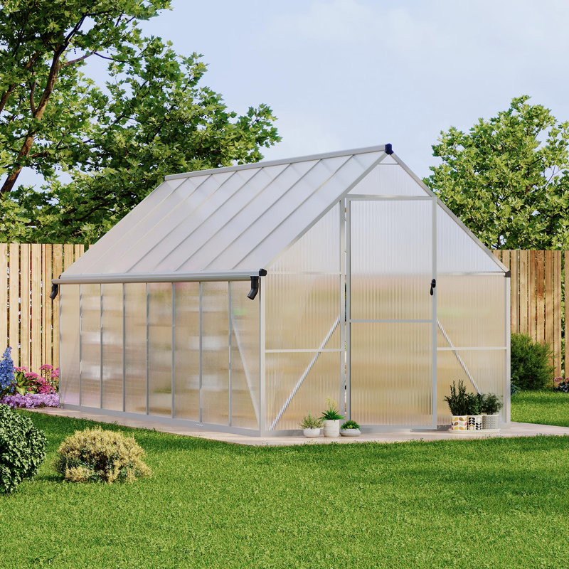 Quick-Assembly Polycarbonate Walk-in Greenhouse with Roof Vent for Outdoor Garden Ventilation, Silver