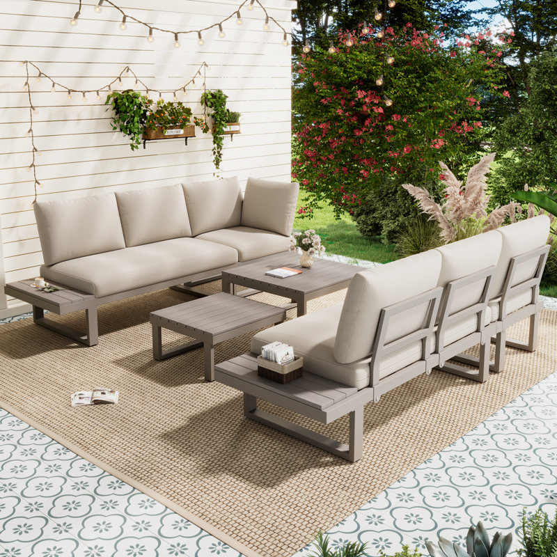 6-Seat Outdoor Corner Sofa Set With 2 Tables - Adjustable Recliner, Galvanized Steel Frame, Modular, khaki
