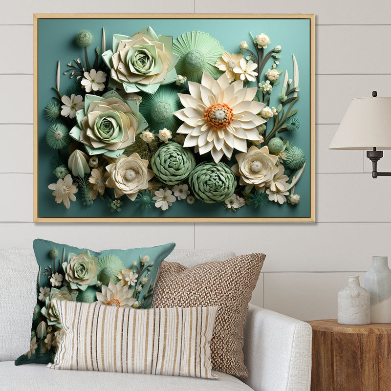 Cactus Mint Mirage I - Cactus, art mural sur toile, H 16 po x l 32 po x P 1 po, Cadre flottant blanc