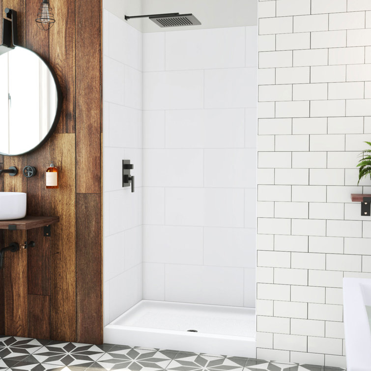 DreamLine DreamStone 34 in. D x 42 in. W Base and Wall Kit in White Traditional Subway Pattern
