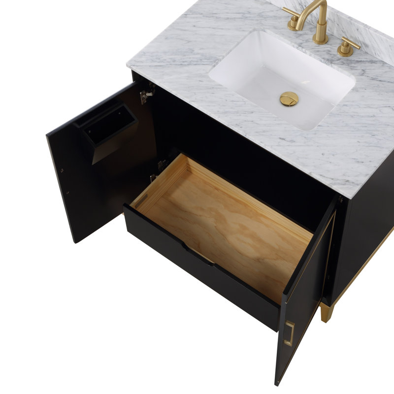 Gracie 36'' W Single Vanity, Calacatta Quartz, Midnight Black, Satin Brass