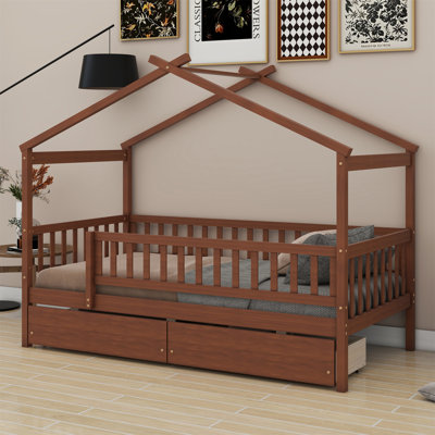 Wooden House Bed With Two Drawers