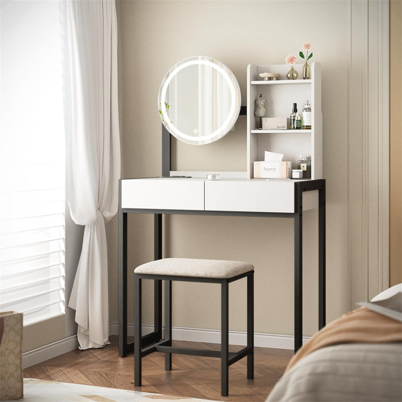 Small Vanity Desk With Mirror And Lights, Makeup Vanity Table With LED Mirror, 3 Lighting Modes, Power Outlet, Drawer, Open Shelves And Cushioned Stool For Bedroom
