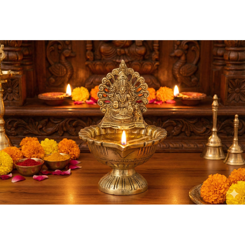 6-Inch Handcrafted Brass Lakshmi & Owl Oil Lamp, Traditional Diya for Prosperity & Altar Decor