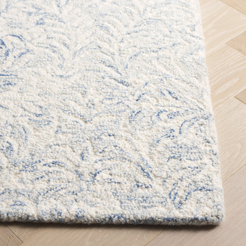 Ivory and Blue Hand-Tufted Wool Floral 3' x 5' Rug