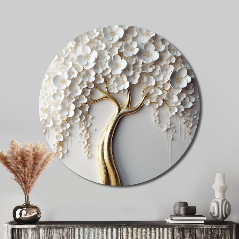 Orchidée blanche jardin de branches VII - Art rond en métal, H 36 po x l 36 po