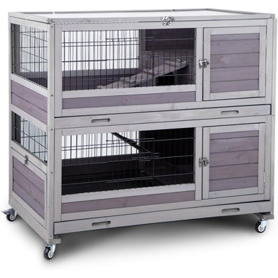 Large Rabbit Hutch Indoor Two-Tier Wooden Guinea Pig Cages Outdoor Mobile Design with Leak-Proof Trays, Metal Grid Floor, 4 Access Doors for Bunny House Chinchilla Cage 39.4" L (Gray)