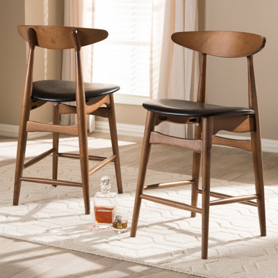 Ensemble de 2 tabourets de comptoir revêtus de similicuir noir Mid-Century Baxton Studio Flora
