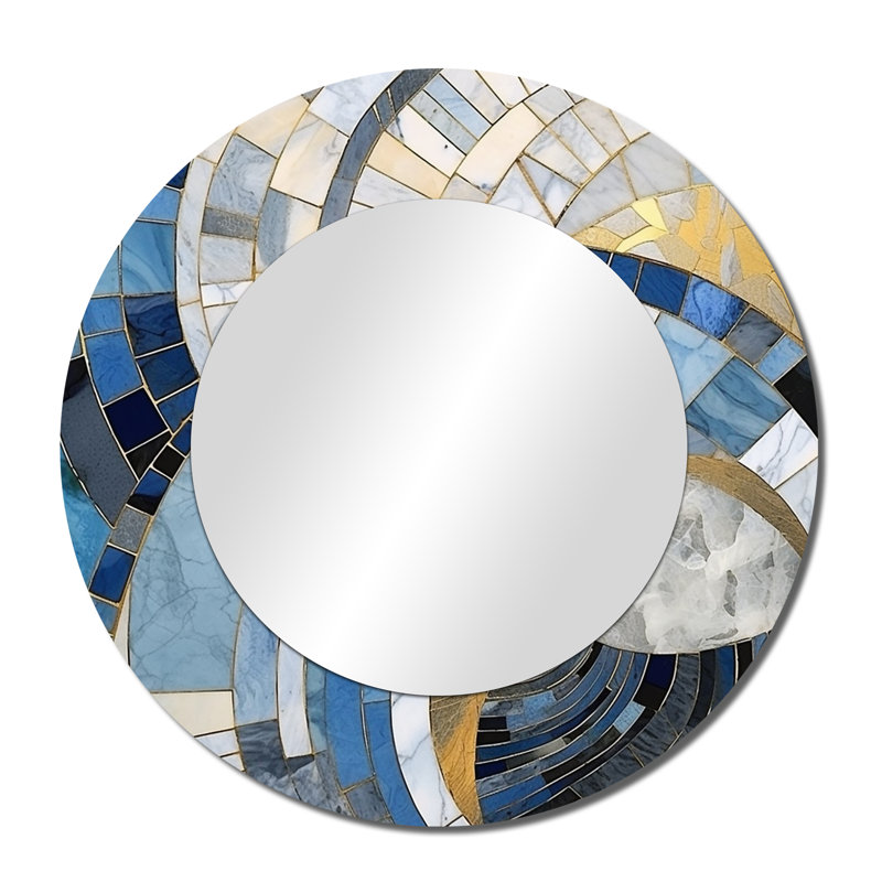 Gold Constructing Blue Realms I - Abstract Shapes Large Mirror, Modern Round Decorative Wall Mirror, Printed Metal Art
