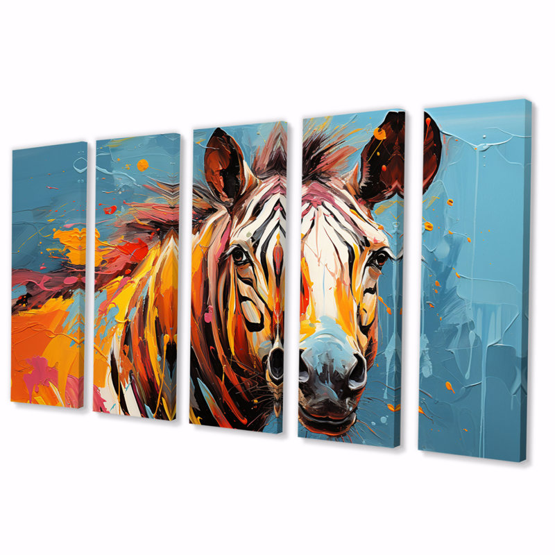Popart bleu zébré I - décoration murale animaux - 5 panneaux égaux