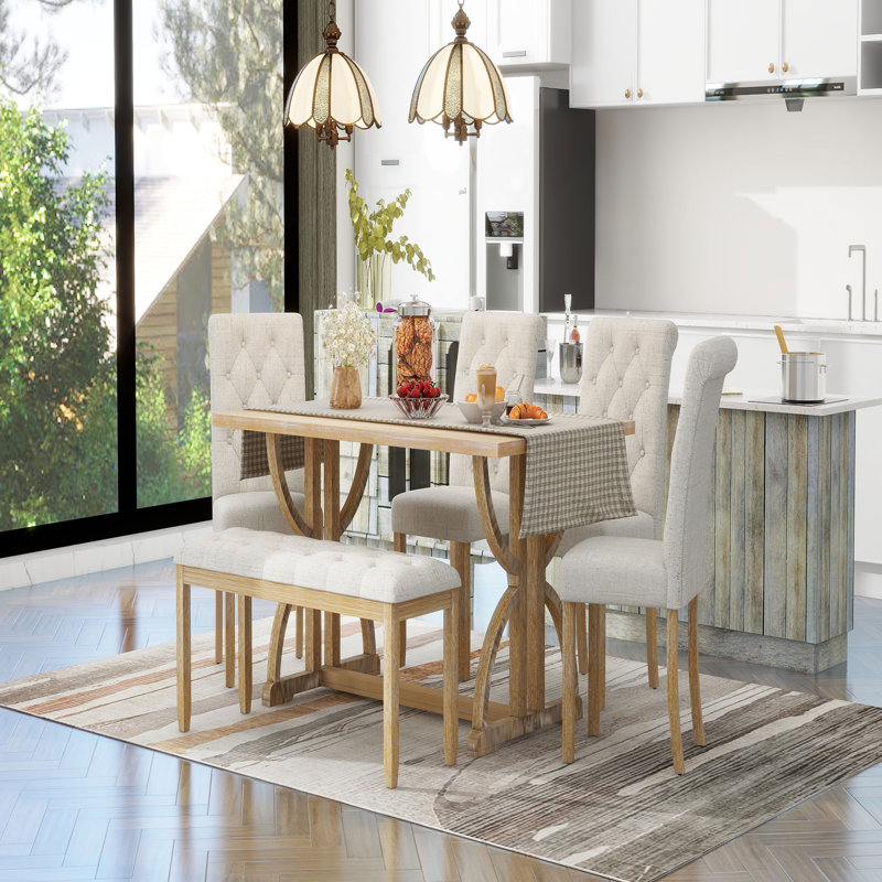 Ensemble de table de salle à manger 6 pièces, 6 pieds, 4 chaises rembourrées et 1 banc pour la salle à manger et la cuisine