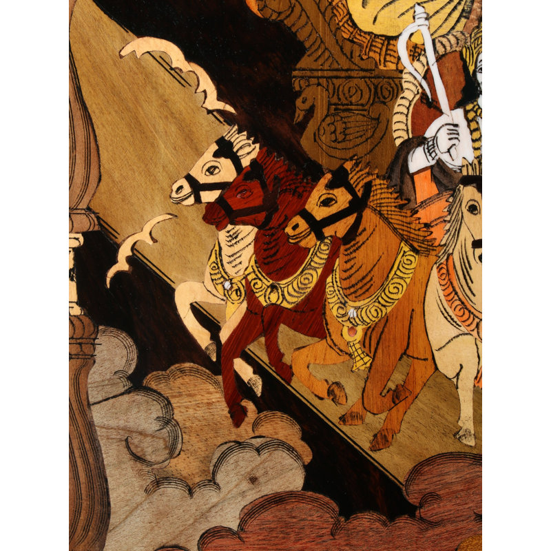 24" Surya Dev on Rath Natural Color on Wood Panel with Inlay Work - Handcrafted Traditional Indian Sun God Religious Spiritual Wall Art Home Temple Decor