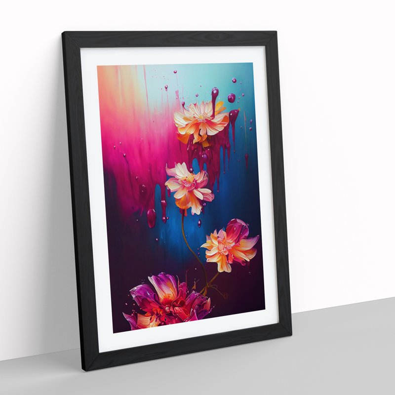 Flowers Dripping Paint No.3 Abstract - Single Picture Frame Print, 64cm H x 46cm W, Black