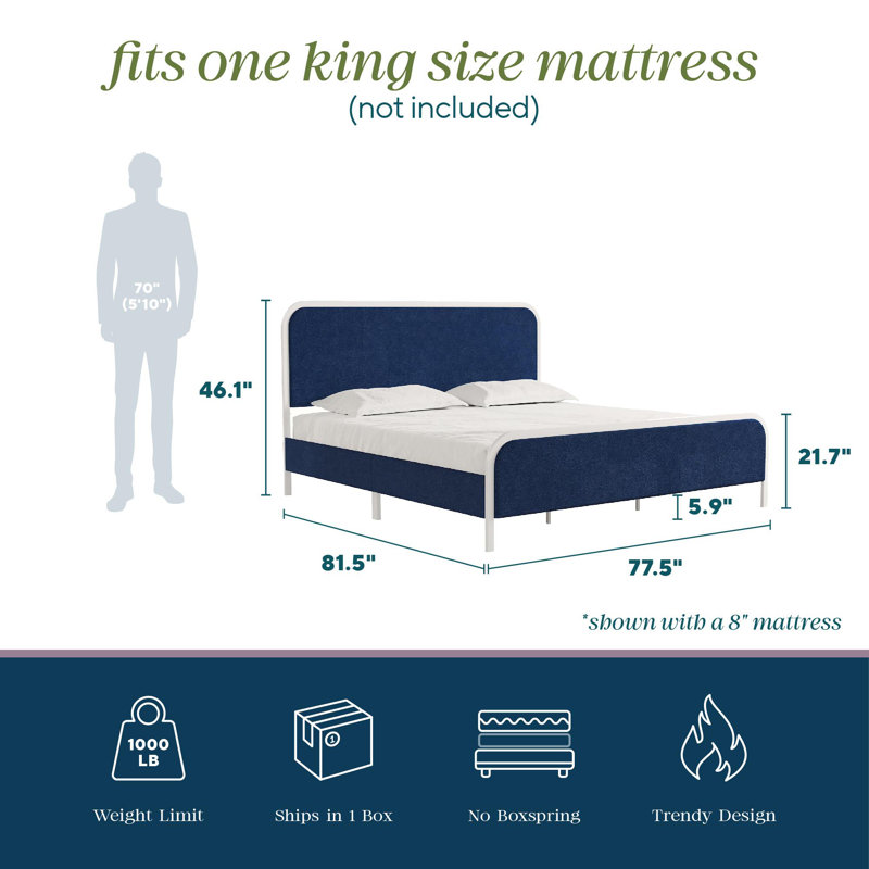 Tallulah Platform Bed Frame with Upholstered Headboard, Navy, King