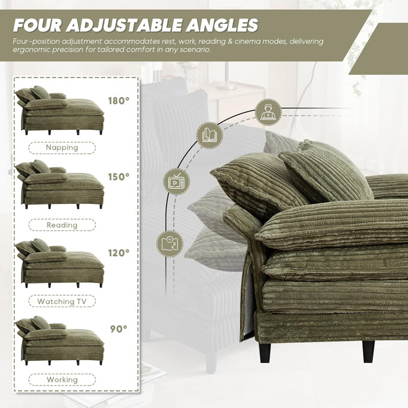 Latitude Run 55" W Oversized Corduroy Chaise Lounge Chair, Upholstered Sleeper Sofa Bed with 3 Pillows,4-Level Adjustable Backrest