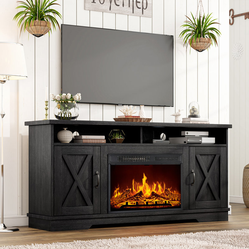 Chimira 63'' W TV Stand with Electric Fireplace Included, Dark Walnut & Wood , Dark Walnut & Wood