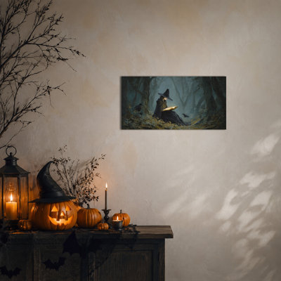 Art d'Halloween, art mural sur toile de sorcière avec scène de corbeau corbeau, décoration gothique fantaisie sombre, œuvre d'art de sorcière rétro pour le salon de la chambre à coucher, bureau, toile tendue avec cadre en pin, 40 po x 20 po