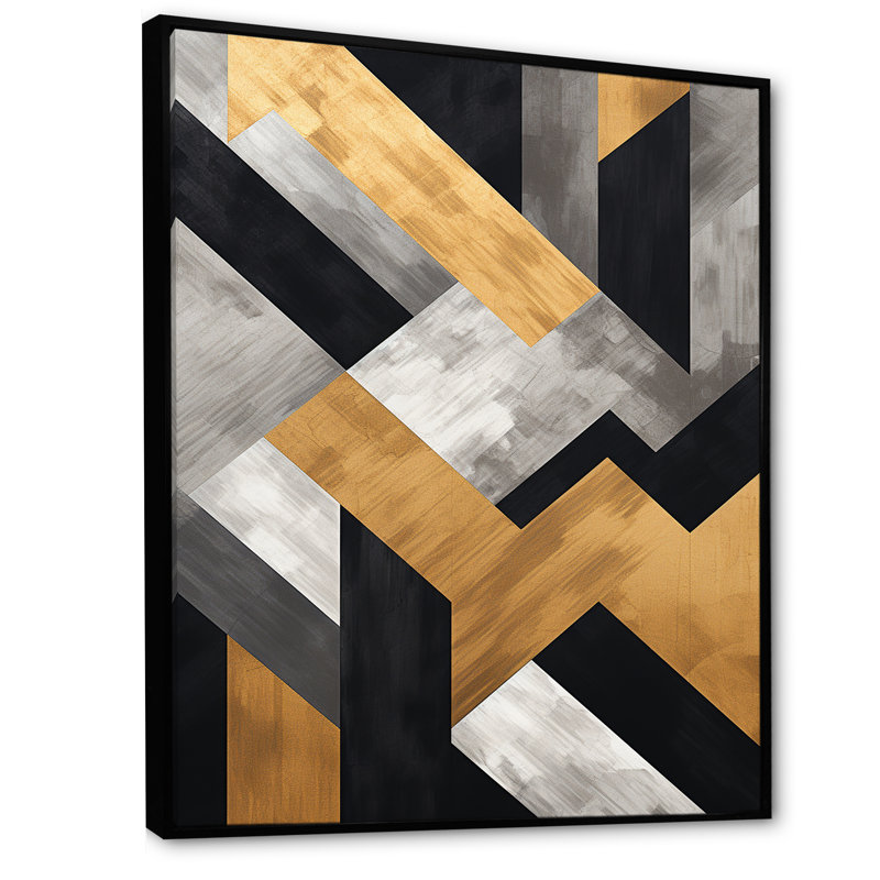 Carreaux géométriques noirs et dorés 5 - Art mural géométrique, Cadre flottant noir, H 32 po x l 24 po x P 1 po