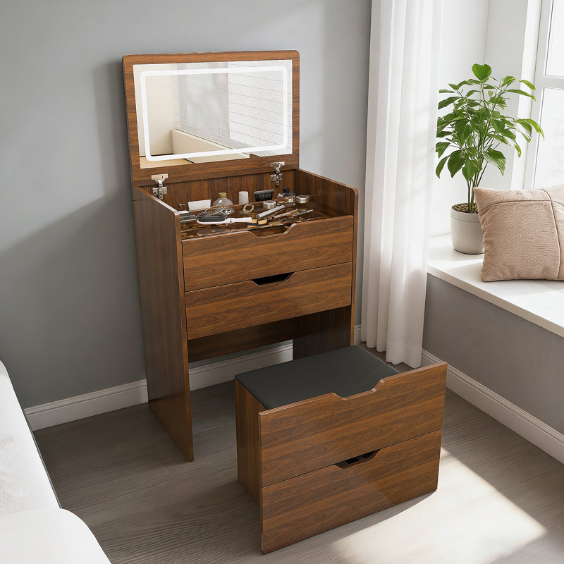 Bureau de coiffeuse avec miroir éclairé et un tabouret, table de maquillage à dessus rabattable pour la chambre à coucher