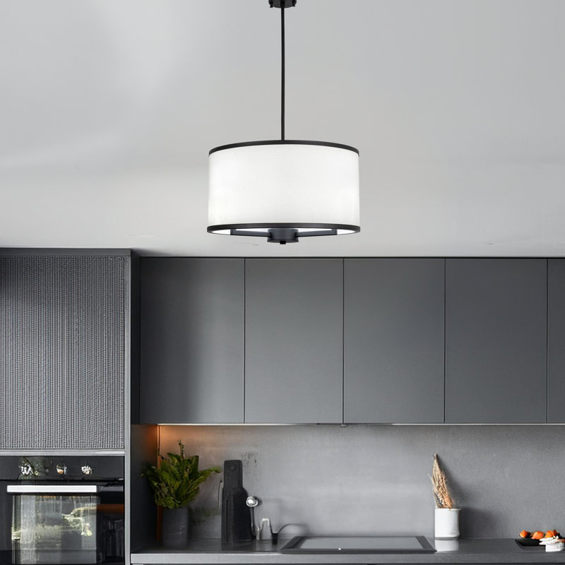 Lustre cylindrique en métal à hauteur réglable 3 lumières avec capuchon en tissu