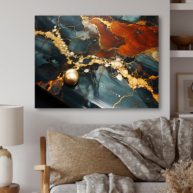 Or et vert abstrait serein marbre Dream V - décoration murale en marbre, H 16 po x l 32 po x P 1 po