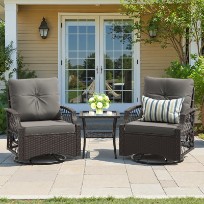 3 Piece Patio Set Outdoor Wicker Glider Rocking and Swivel Chairs with Cushions