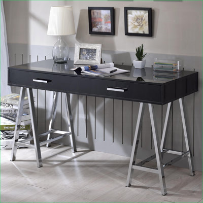 Writing Desk with 2 Drawers, Modern Black High Gloss &amp; Chrome Metal, 54W x 22D x 32H Inches | Black+Silver | Wood+Metal