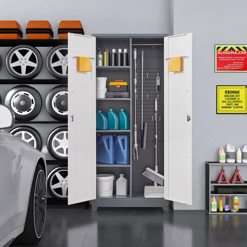 Metal Lockers, Cleaning Tool Cabinet With Locking Doors, High Broom Tool Storage Cabinet, Gray/White