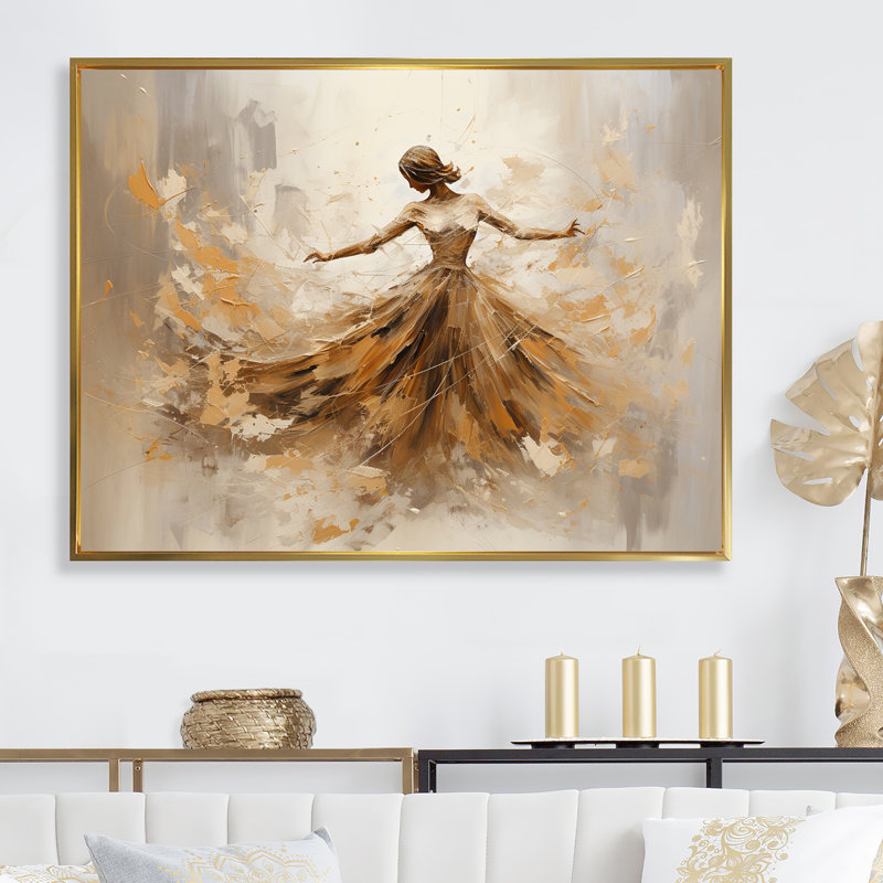 Danse de ballet beige et dorée sur toile, Cadre flottant doré, H 12 po x l 20 po x P 1 po