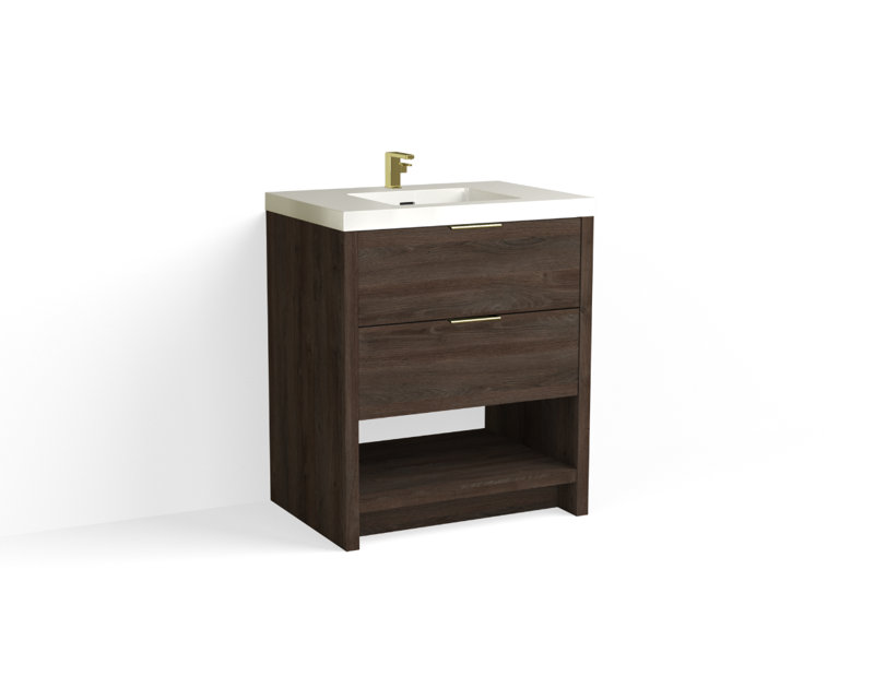 Vue 30" W Freestanding Single Bathroom Vanity, Ashlin, Glossy White/8" Widespread, Satin Brass