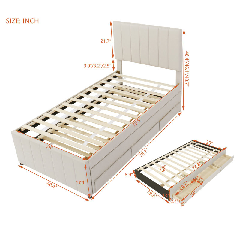 Lit plateforme tapissier simple avec lit gigogne et 3 tiroirs, tissu en lin, Beige