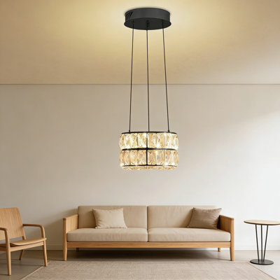 Luminaire suspendu moderne à anneau DEL - Lustre en cristal à intensité variable pour le salon et la salle à manger - Plafonnier noir à hauteur réglable avec télécommande