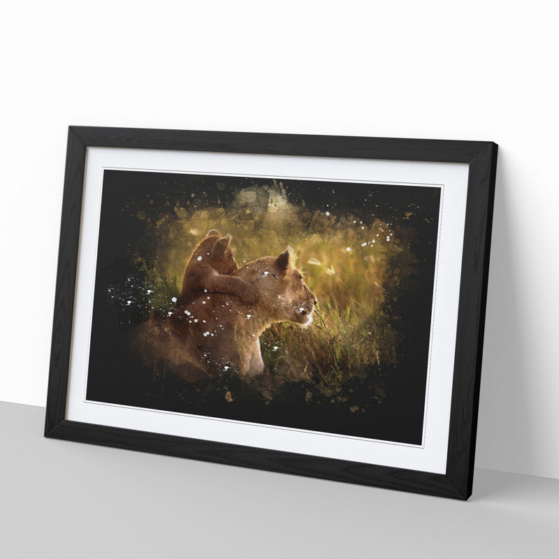 Lioness with Lion Cub - Picture Frame Graphic Art on MDF, Black Framed, 65cm H x 90cm W x 2cm D