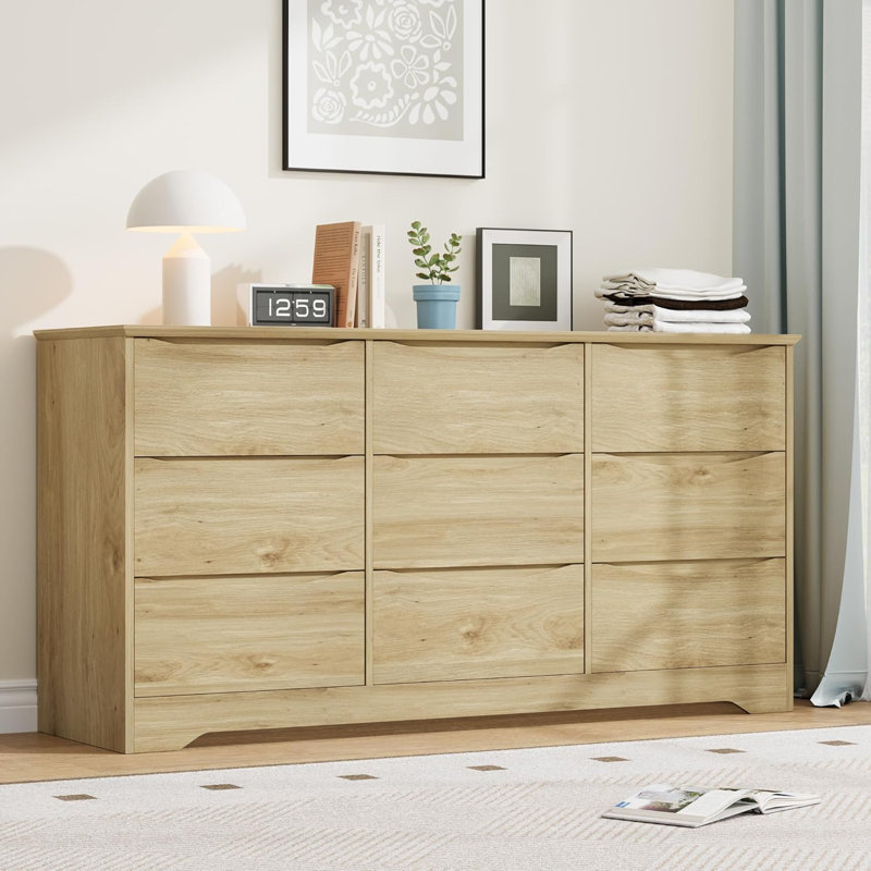Wooden Dresser with 9 Drawers, Tall Modern Closet with Deep Storage, Yellow